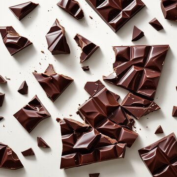 Naklejki Close-up of broken chocolate pieces on a white surface, showcasing rich texture and delicious details.  