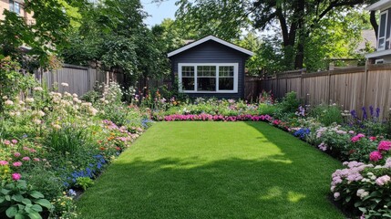 Naklejka premium A vibrant garden with colorful flowers and a cozy shed in the background.