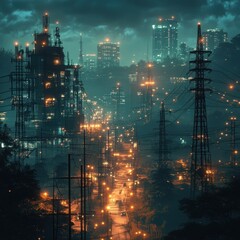 Fototapeta premium Urban Nightscape with Power Lines and Towers