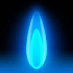 Single blue gas flame isolated on black background