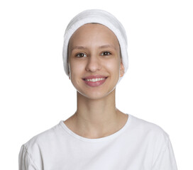 Teenage girl with acne problem on white background