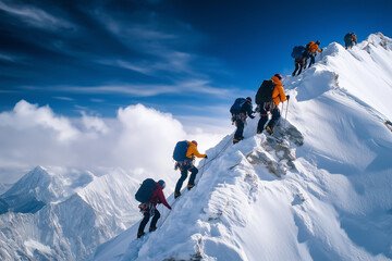Mountain guide helping climbers scale a rocky peak in cold weather gear. Generative AI