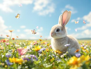 Fototapeta premium A bunny and a butterfly playing together in a field , nature, friendship