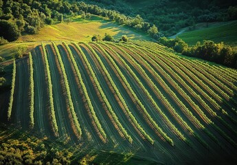 Fototapeta premium Lush Green Vineyard Landscape with Vibrant Rows of Grapes Under Soft Golden Light Surrounded by Lush Vegetation and Rolling Hills in Nature