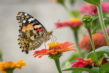 Fototapeta premium A butterfly sipping nectar from a colorful flower, butterfly, art, liquid, beauty, garden