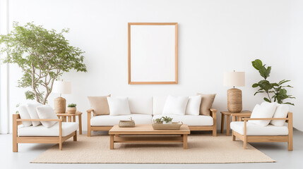 Serene Living Room: Light-filled living room features a minimalist design with a light wooden sofa and armchairs, complemented by neutral-toned cushions and plants.