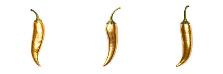 Glossy golden chili peppers arranged in row, showcasing luxury and elegance