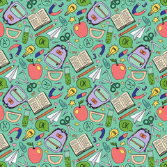Seamless pattern with school supplies, backpacks, books, apples, test tubes, magnets, and lightbulbs. Perfect for wrapping, stationery, packaging, fabric, and back-to-school projects.
