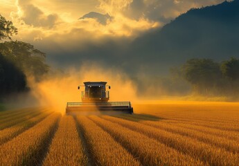 Fototapeta premium Majestic Harvest Scene with Combine in Golden Rice Field Surrounded by Mountains and Dramatic Sunrise Lighting the Sky with Warm Colors