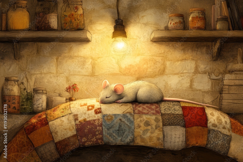 Poster cozy mouse resting peacefully on colorful quilt in warm, rustic room with shelves filled with jars. 