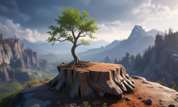 A lone sapling grows from a gnarled tree stump on a windswept mountaintop, hope, regeneration , wilderness