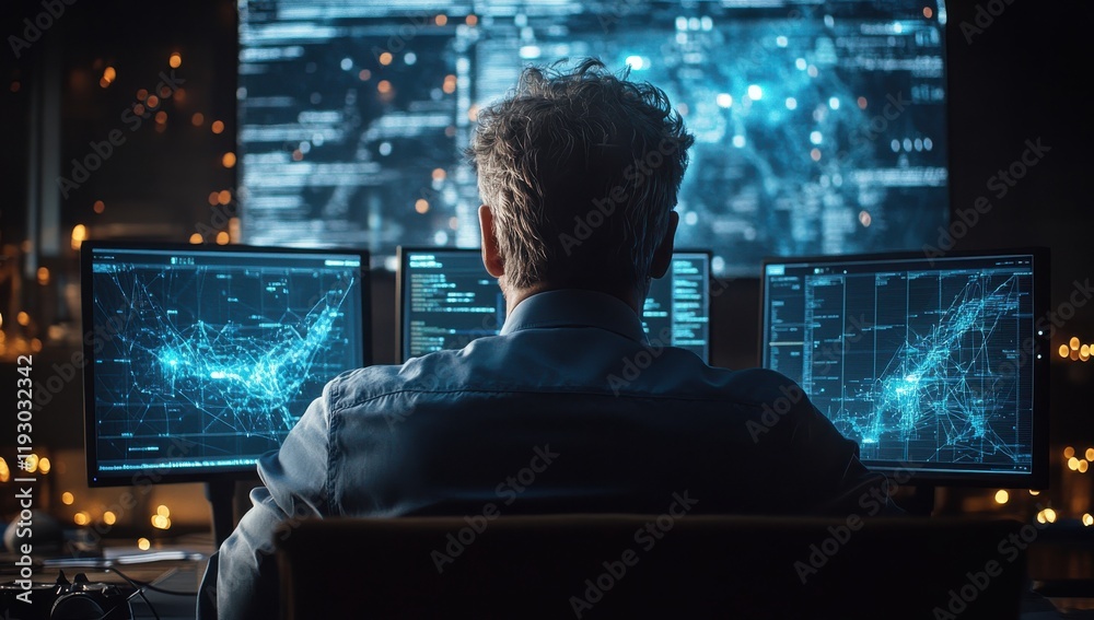 Aufkleber male data analyst working late in a dark office surrounded by multiple monitors displaying complex d