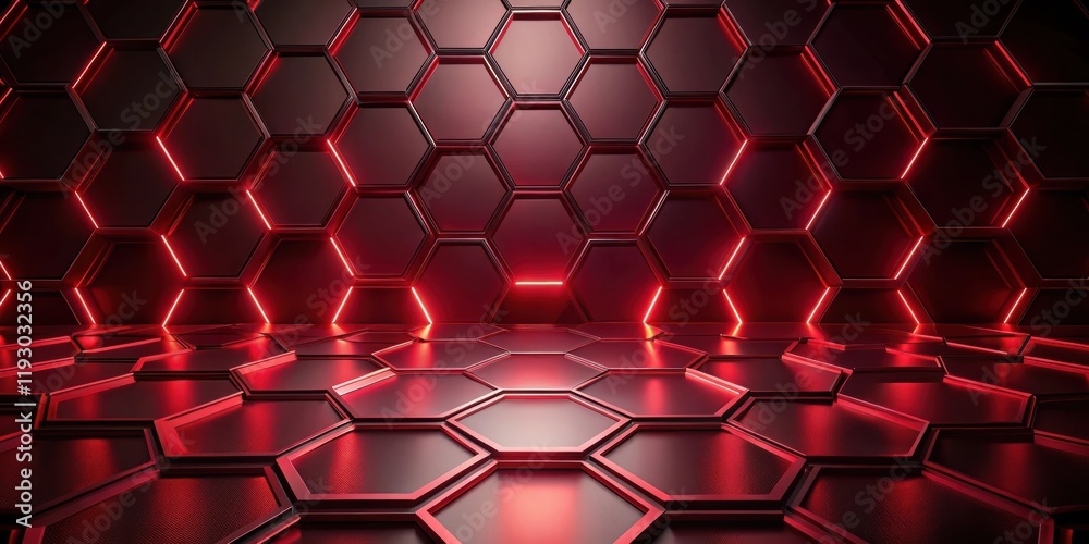 Leinwandbilder abstract red hexagon pattern with neon glowing lines on floor and walls