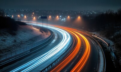 Mesmerizing Light Trails on a Curving Highway at Night Captured in a Rainy Atmosphere with Twinkling City Lights in the Background