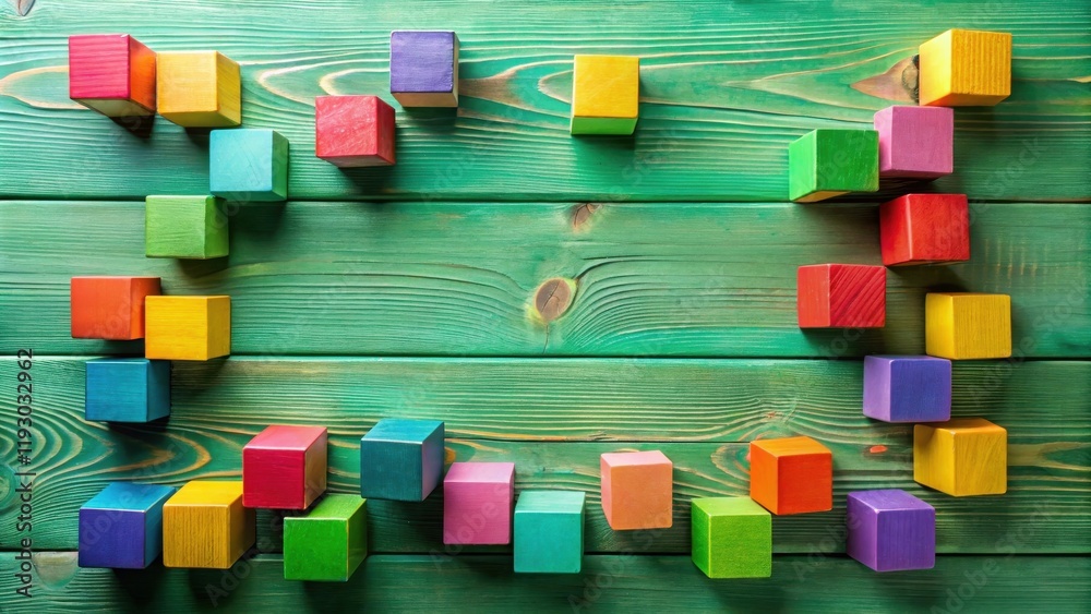 Aufkleber colorful wooden blocks arranged on a green wooden surface creating a frame