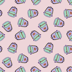 Seamless pattern featuring colorful backpacks in a fun design. Perfect for wrapping, stationery, fabric, and back-to-school decor, packaging, fabric.