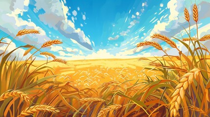 Stunning Wheat Field View with Fisheye Effect in Vibrant Cartoon Style