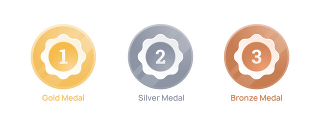 Three round medals for first, second, and third place. Ideal for design projects related to sports competitions and award ceremonies.