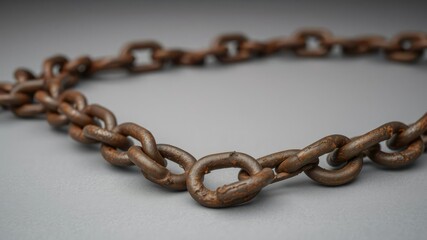 Obraz premium A close-up of a rusty broken iron chain lying on a plain background with intricate details of rust and metal, isolated object, decayed equipment