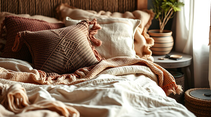 Obraz premium Cozy and Serene Bedroom Interior Design with Knitted Pillows and Throw Blanket. Earthy Tones and Natural Textures Create a Relaxing Atmosphere.