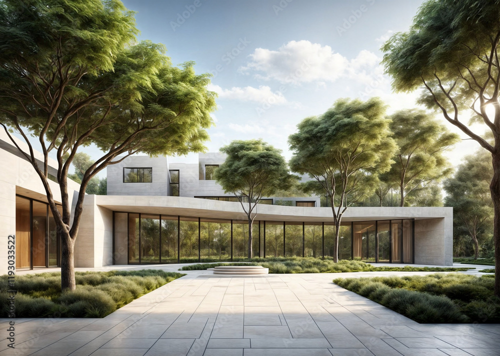 Wall mural building and driveway with trees and nature