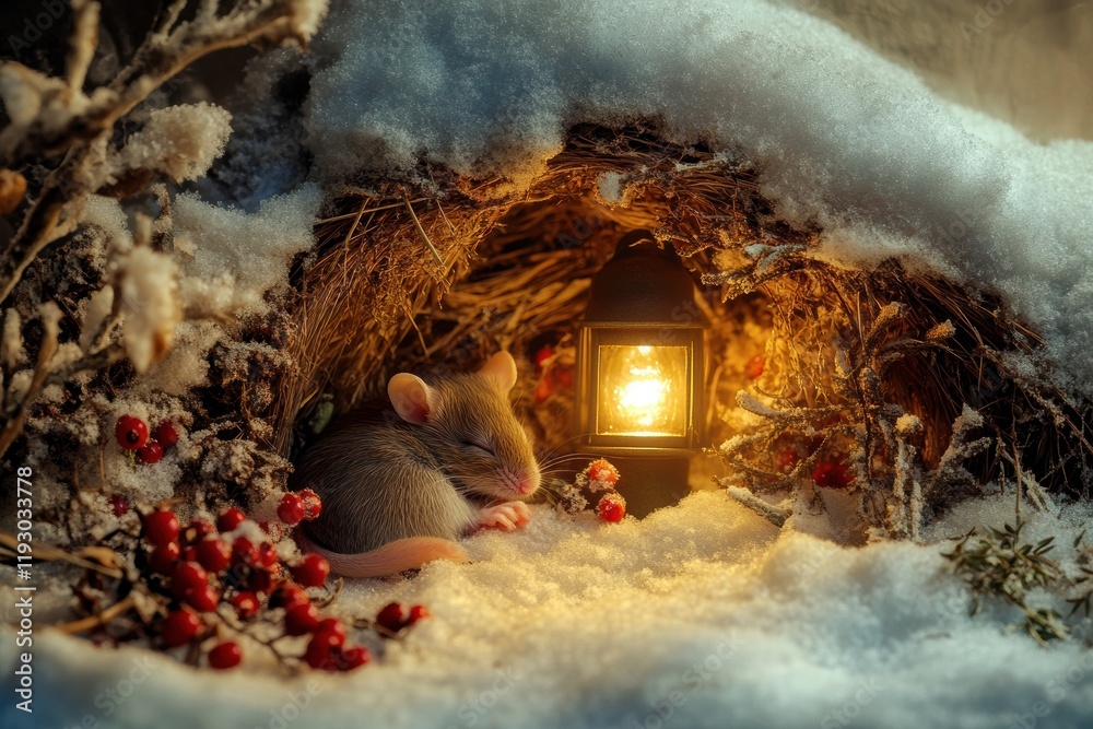Aufkleber cozy mouse resting in a snowy burrow with a glowing lantern and winter berries nearby. generative ai