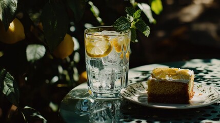Refreshing lemon water with ice and mint, served with a slice of lemon cake outdoors.