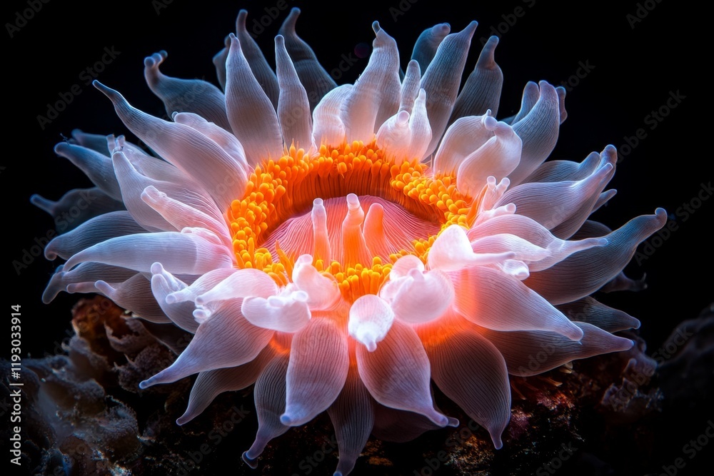 Poster A 3D-rendered isolated coral polyp glowing under UV light, with intricate fluorescent patterns and vibrant colors highlighted against a deep black backdrop