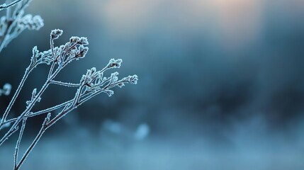 Fototapeta premium Close-up of frost-covered branches against a blurred blue background in winter.