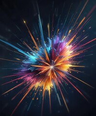 Fototapeta premium A cluster of starbursts on a dark blue background with vibrant colors and dynamic motion blur in a sweeping arc, fireworks, radiant beams , bursting sparks