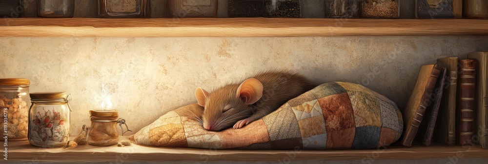 Poster cozy mouse sleeping on a quilted cushion surrounded by jars in a warm, rustic environment. generativ