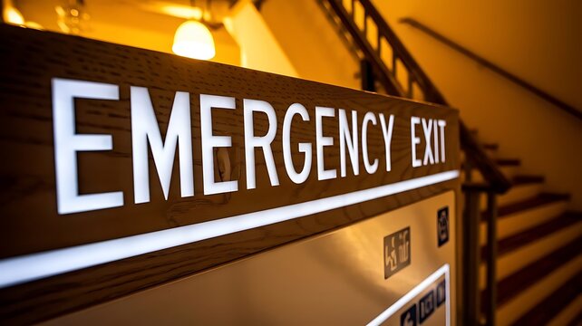 A clear emergency exit sign with luminous white letters for safety in building or business