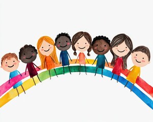 Smiling figures of various ethnicities and abilities linked by rainbow threads