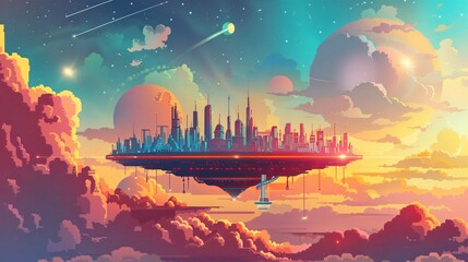 Futuristic Sky City Illustration - Vector Cartoon Style