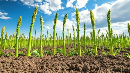 An expansive asparagus field with rows of lush green plants growing under a bright blue sky.