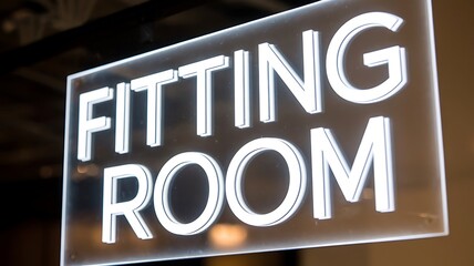 Fitting Room sign with white letters illuminated on a transparent surface for business purposes