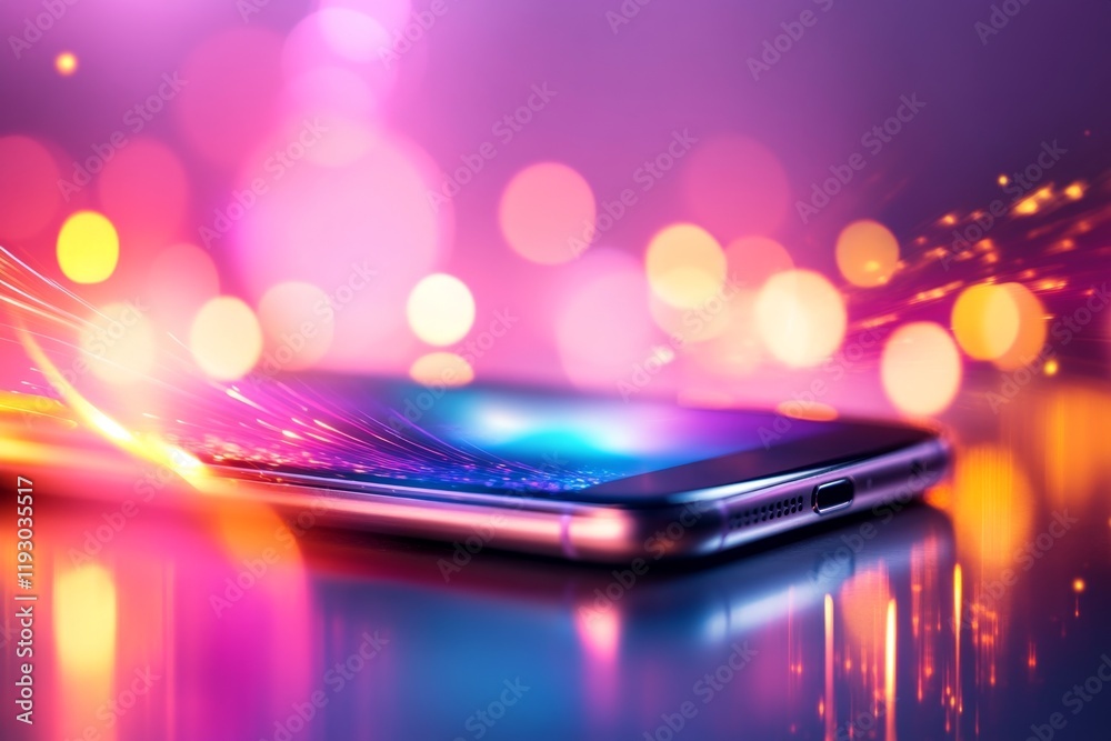 Poster a uv light sanitizing a smartphone, with its surface glowing faintly under the powerful rays