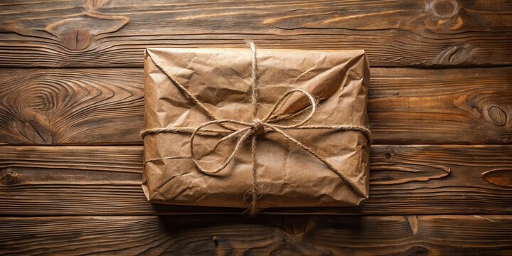 Rustic Brown Package Tied with Twine on Wooden Surface