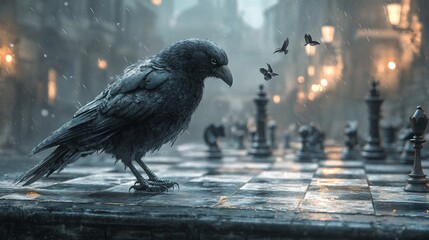 Rainy city, crow chess game, fantasy art, digital illustration