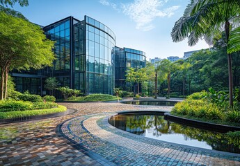 Fototapeta premium Modern Architecture Surrounded by Lush Greenery and Reflective Water, Showcasing Serene Outdoor Space in Urban Environment Under Bright Blue Sky
