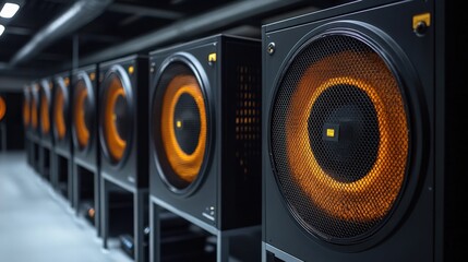 Close-Up View of Modern Audio Speakers with Vibrant Orange Lighting in a Dark Studio Environment