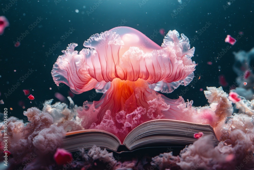 Poster a uv-reactive jellyfish glowing in isolation in a dark marine tank, with its tentacles trailing vibr