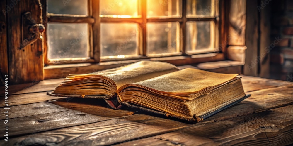 Poster an antique book rests open on a rustic wooden table, bathed in the warm glow of sunlight streaming t