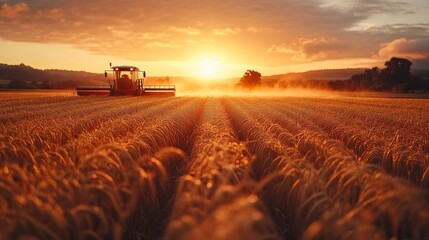 Fototapeta premium Golden Wheat Fields at Sunset with Agricultural Machinery Working on Crop Harvesting Under a Vibrant Sky Filled with Soft Clouds and Warm Light