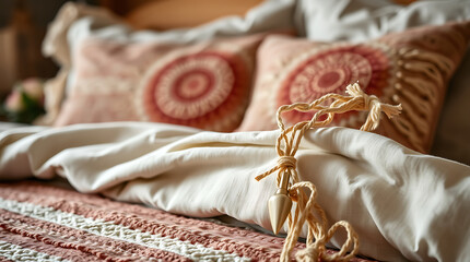 Bohemian Bedroom Decor: Cozy and Serene Space with Textured Pillows and Linen Bedding. Peaceful and Relaxing Atmosphere. Home Interior Design.