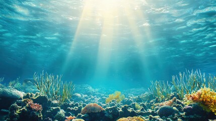 Fototapeta premium Underwater landscape with coral reefs, seagrass, and marine animals in harmony