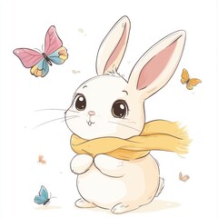 Cute bunny wearing scarf, butterflies nearby, spring scene, children's book illustration