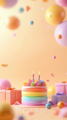 Colorful rainbow-themed birthday celebration festive setting cake and balloons joyful atmosphere close-up view celebration concept