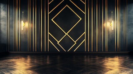 A rich black wallpaper with bold gold geometric lines captured in a well-lit interior, exuding a luxurious 1920s feel
