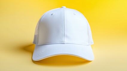 White baseball cap mockup. Blank trucker hat isolated on yellow background 